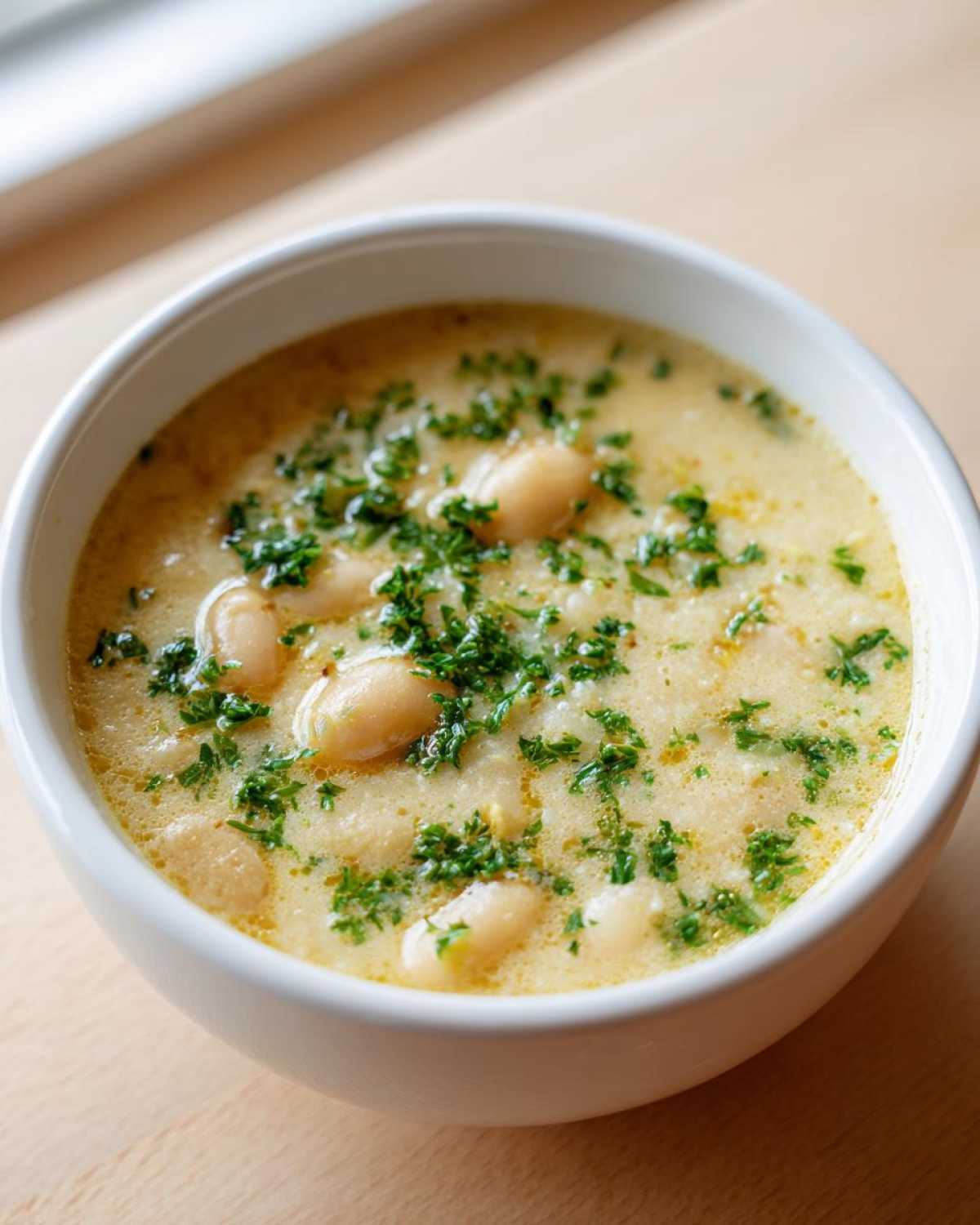 A close-up of a white bowl filled with Vegan Creamy Lemon Garlic White Bean Soup, topped with fresh parsley.