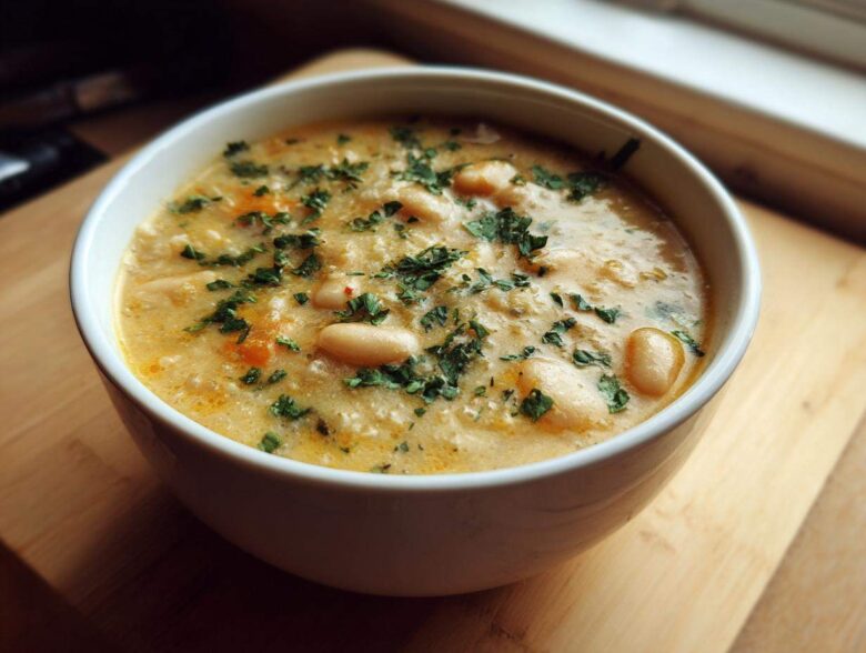 A close-up of a bowl of Vegan Creamy Lemon Garlic White Bean Soup, topped with fresh parsley.