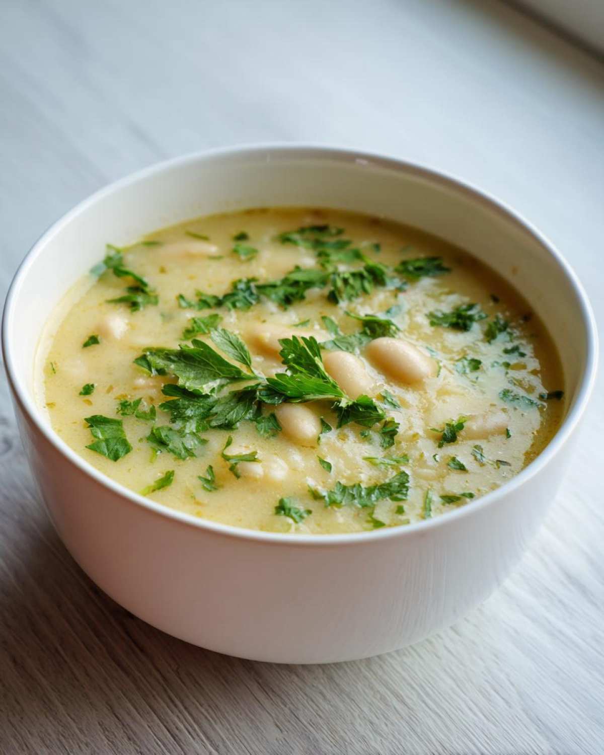 Close-up of a bowl of Vegan Creamy Lemon Garlic White Bean Soup, garnished generously with fresh parsley.
