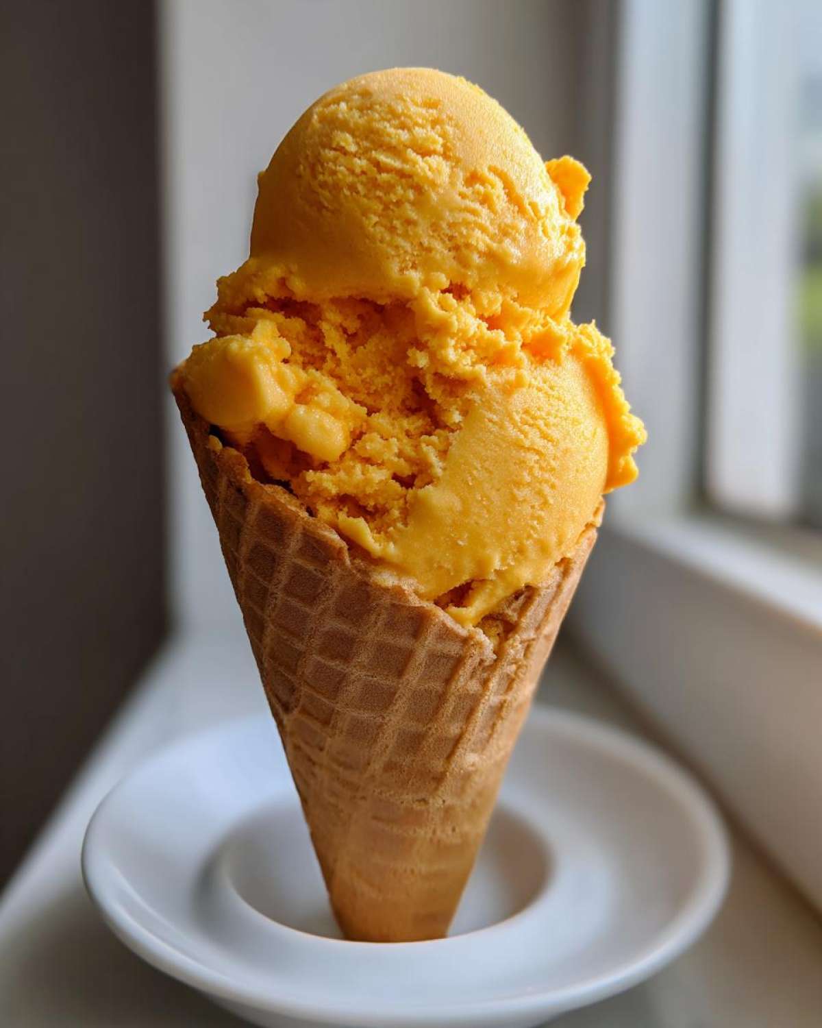 Two scoops of bright orange Vegan Mango Pineapple Sorbet served in a waffle cone resting on a small white saucer.