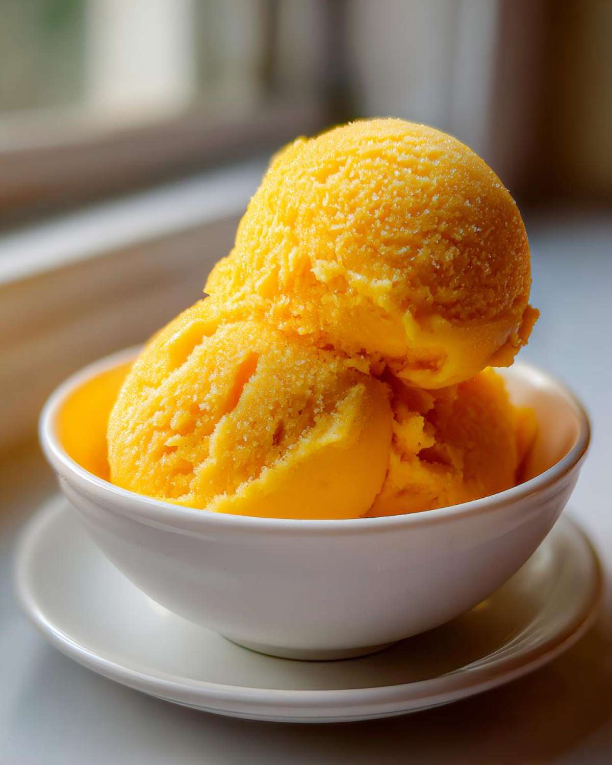 Two scoops of bright orange Vegan Mango Pineapple Sorbet served in a small white bowl.