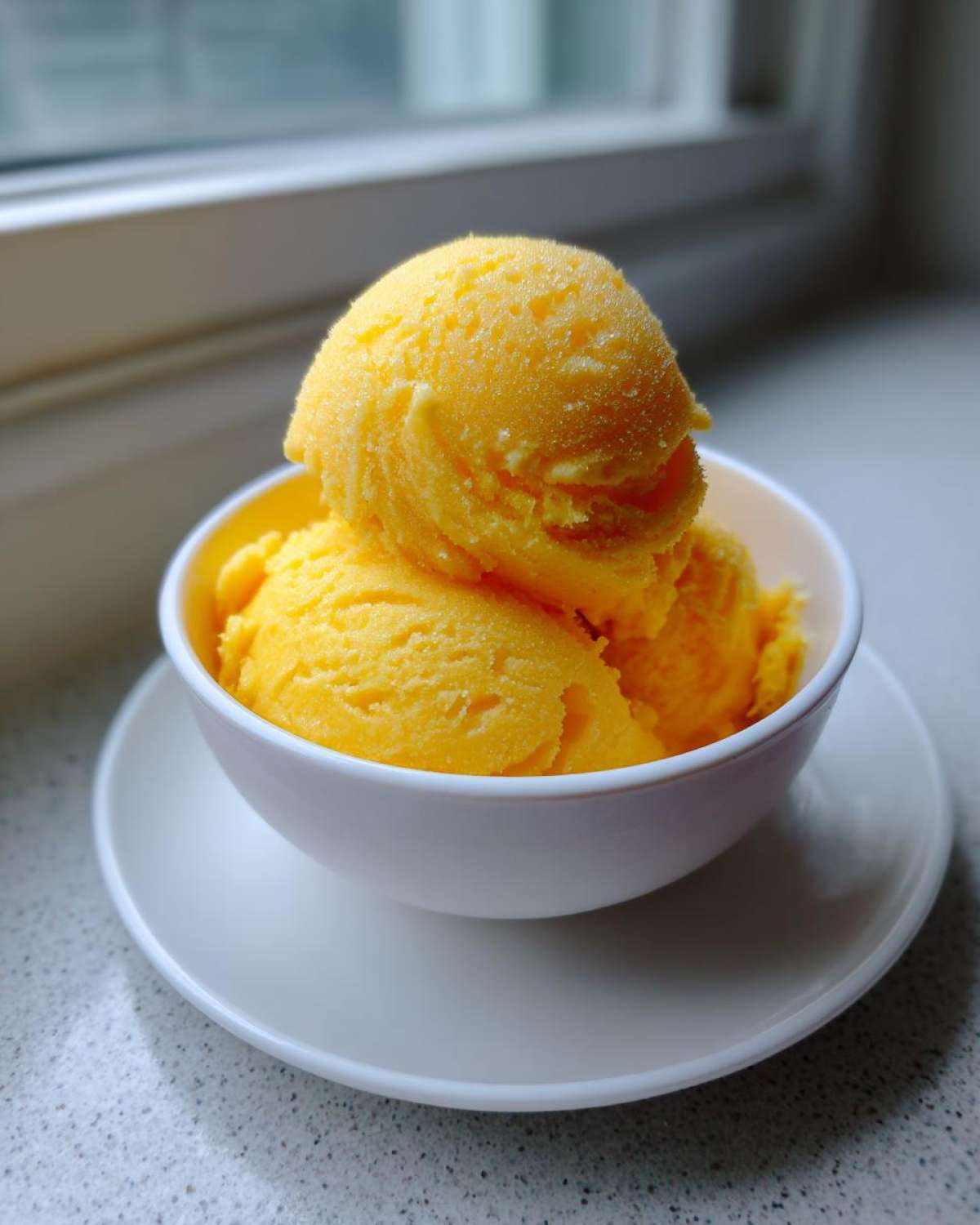 Three scoops of vibrant yellow Vegan Mango Pineapple Sorbet served in a small white bowl.