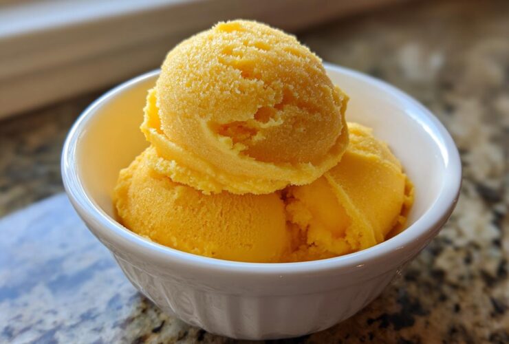 Two scoops of bright orange Vegan Mango Pineapple Sorbet served in a small white bowl.