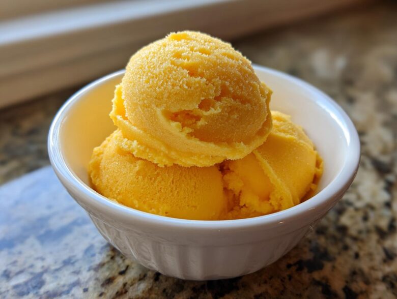 Two scoops of bright orange Vegan Mango Pineapple Sorbet served in a small white bowl.
