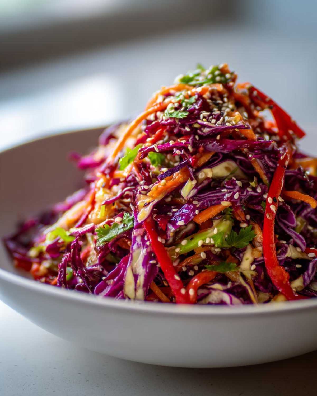 Close-up of a colorful Asian Chickpea Slaw featuring shredded red cabbage, carrots, and sesame seeds.