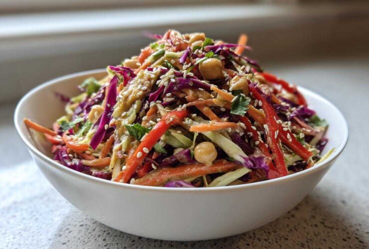 Close-up of a vibrant Asian Chickpea Slaw featuring shredded cabbage, carrots, chickpeas, and sesame seeds.