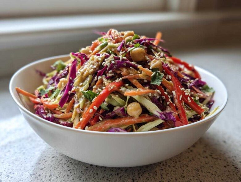 Close-up of a vibrant Asian Chickpea Slaw featuring shredded cabbage, carrots, chickpeas, and sesame seeds.