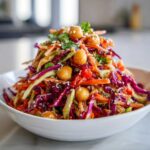 A vibrant mound of Asian Chickpea Slaw featuring shredded red cabbage, carrots, and whole chickpeas, topped with sesame seeds.