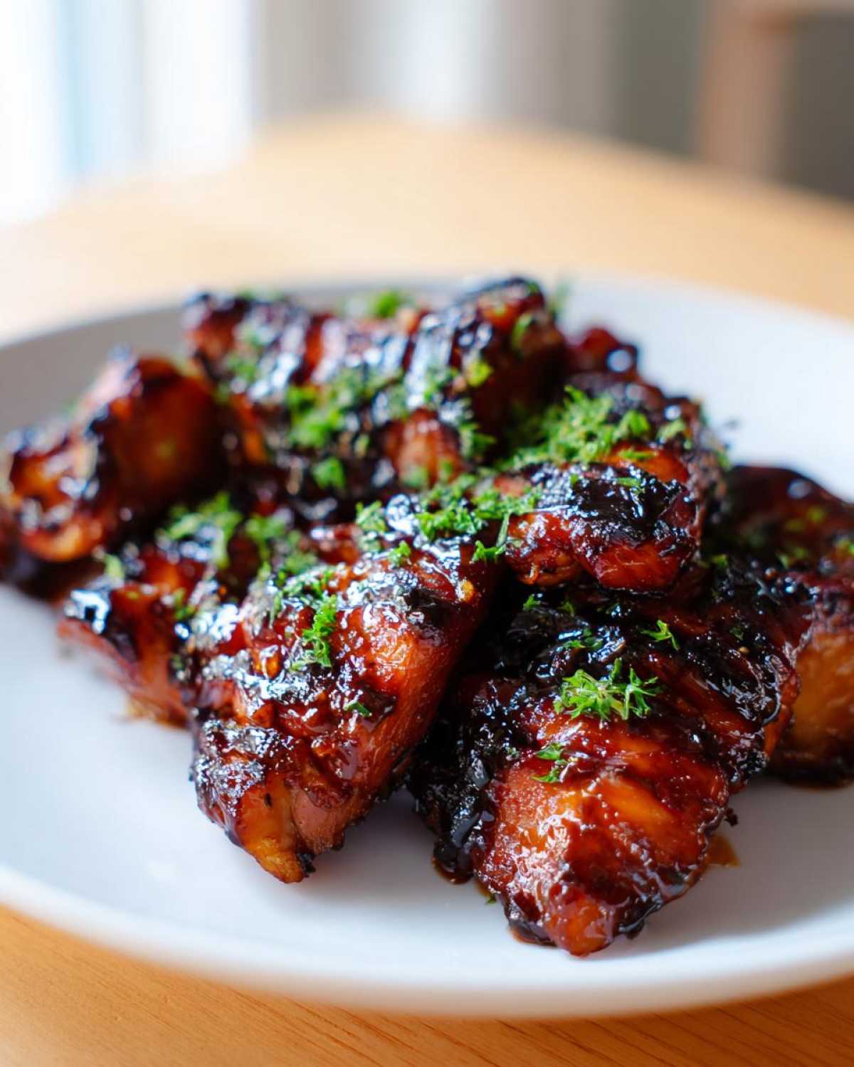 Close-up of glazed, caramelized Authentic Huli Huli Chicken pieces garnished with fresh parsley on a white plate.