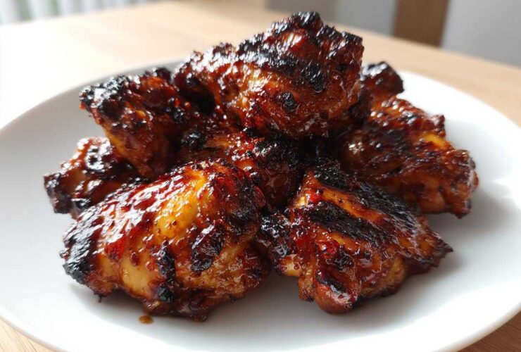 Close-up of several pieces of glossy, caramelized Authentic Huli Huli Chicken piled on a white plate.