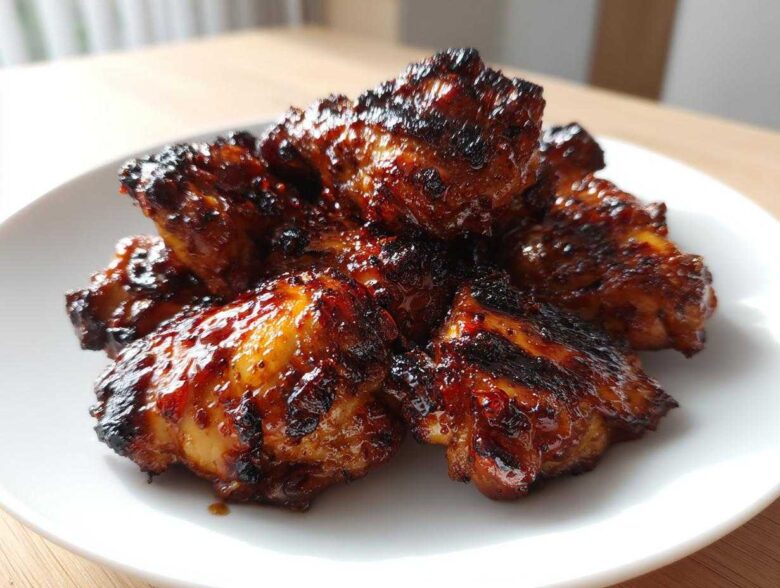 Close-up of several pieces of glossy, caramelized Authentic Huli Huli Chicken piled on a white plate.
