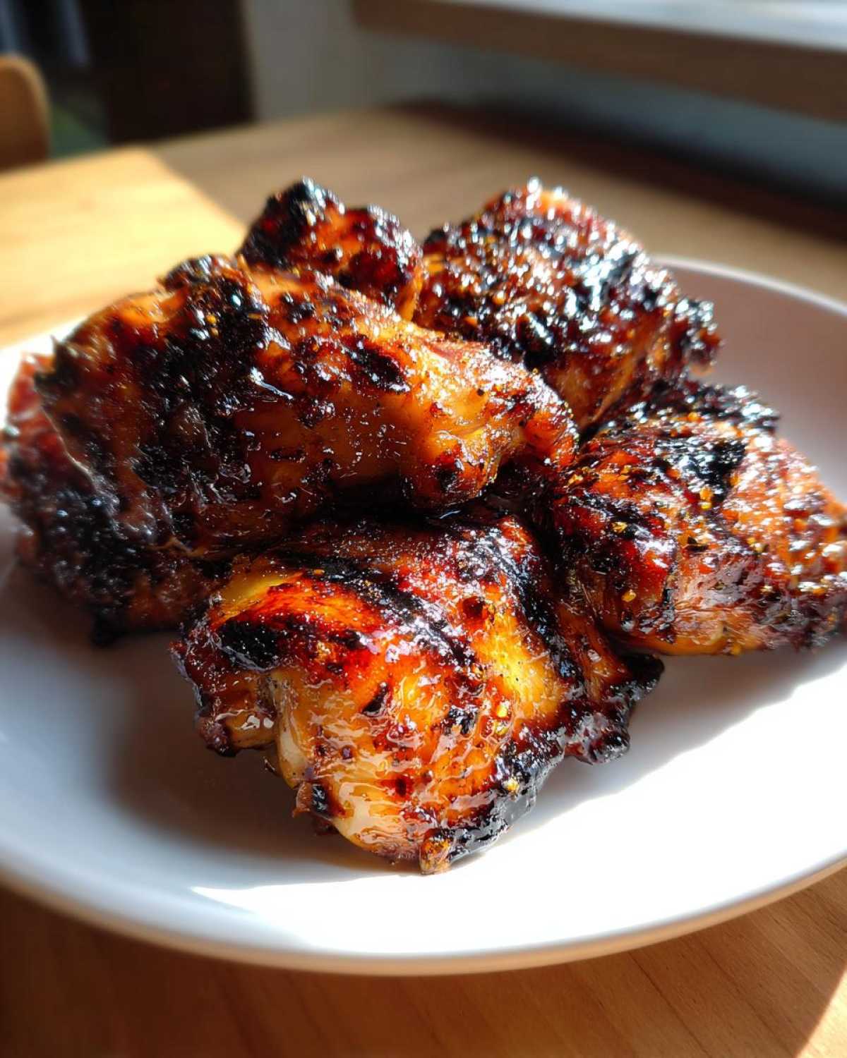 Close-up of several pieces of sticky, caramelized Authentic Huli Huli Chicken piled on a white plate.