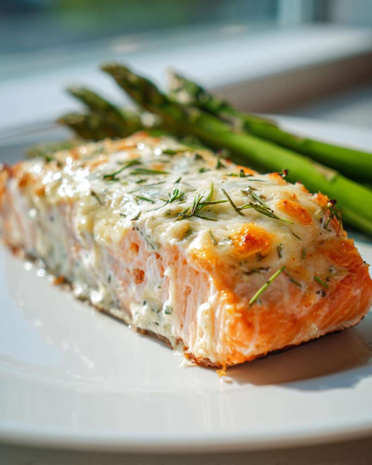 Close-up of a perfectly cooked Baked Boursin Salmon fillet topped with creamy cheese and herbs, served with bright green asparagus.