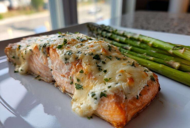 A perfectly cooked fillet of Baked Boursin Salmon topped with melted, creamy cheese and fresh parsley, served alongside bright green asparagus.