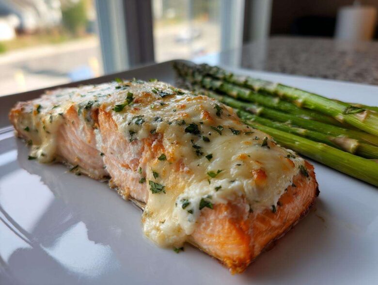 A perfectly cooked fillet of Baked Boursin Salmon topped with melted, creamy cheese and fresh parsley, served alongside bright green asparagus.
