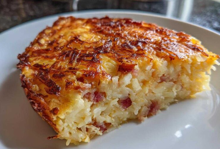 A close-up slice of baked hash brown quiche with a crispy, golden-brown top and visible bacon pieces inside.