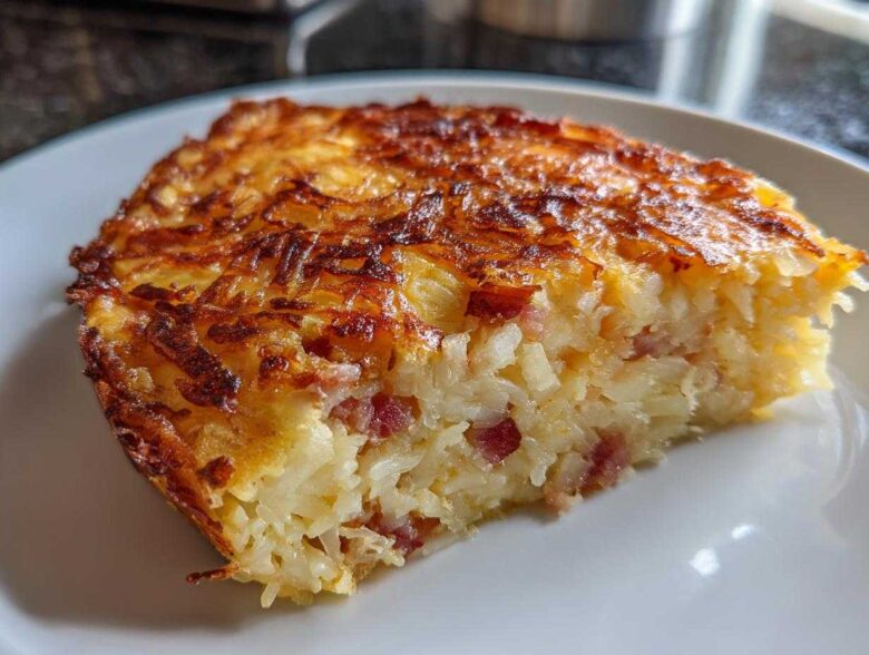 A close-up slice of baked hash brown quiche with a crispy, golden-brown top and visible bacon pieces inside.