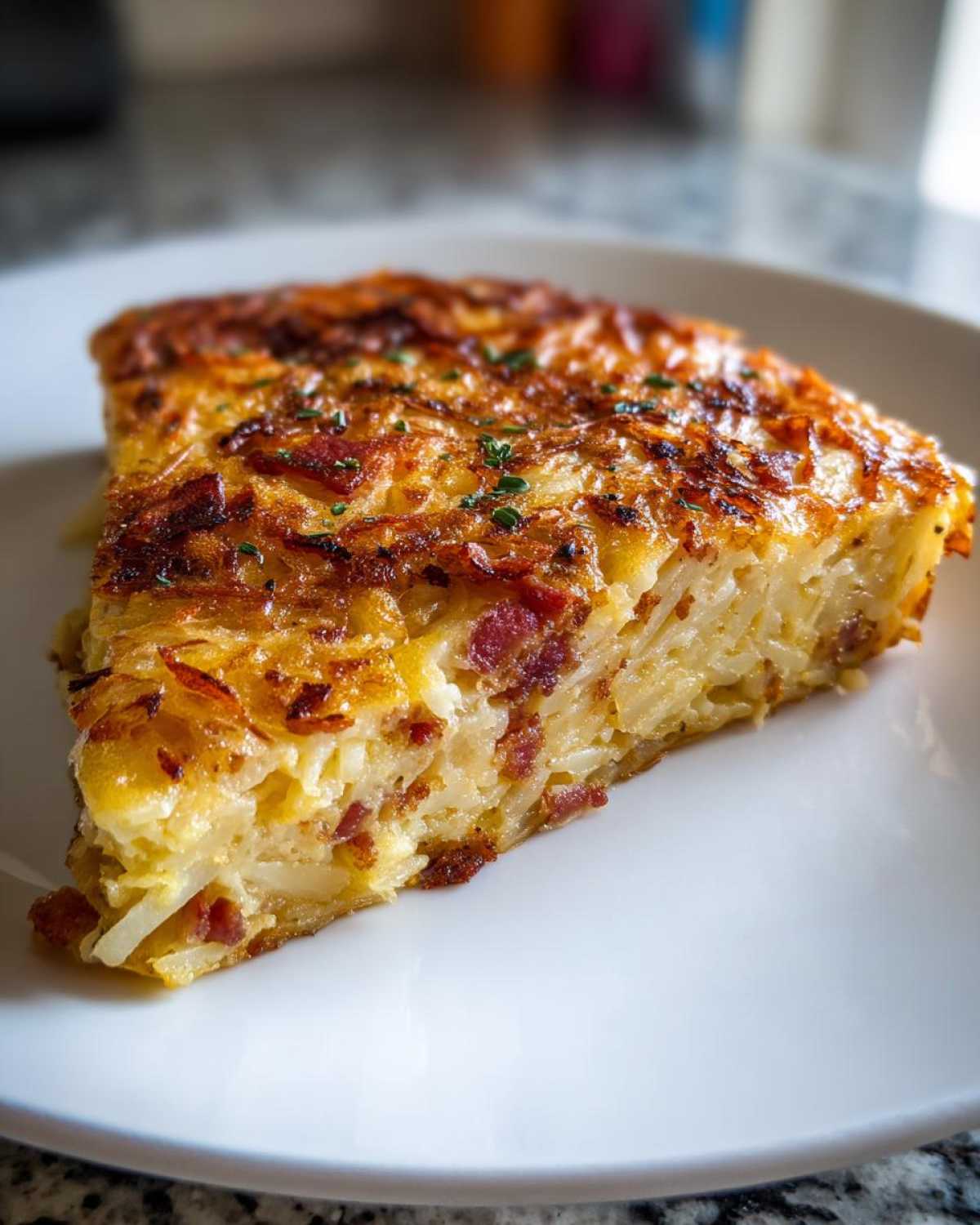 A close-up of a golden-brown slice of Baked Hash Brown Quiche Recipe on a white plate.