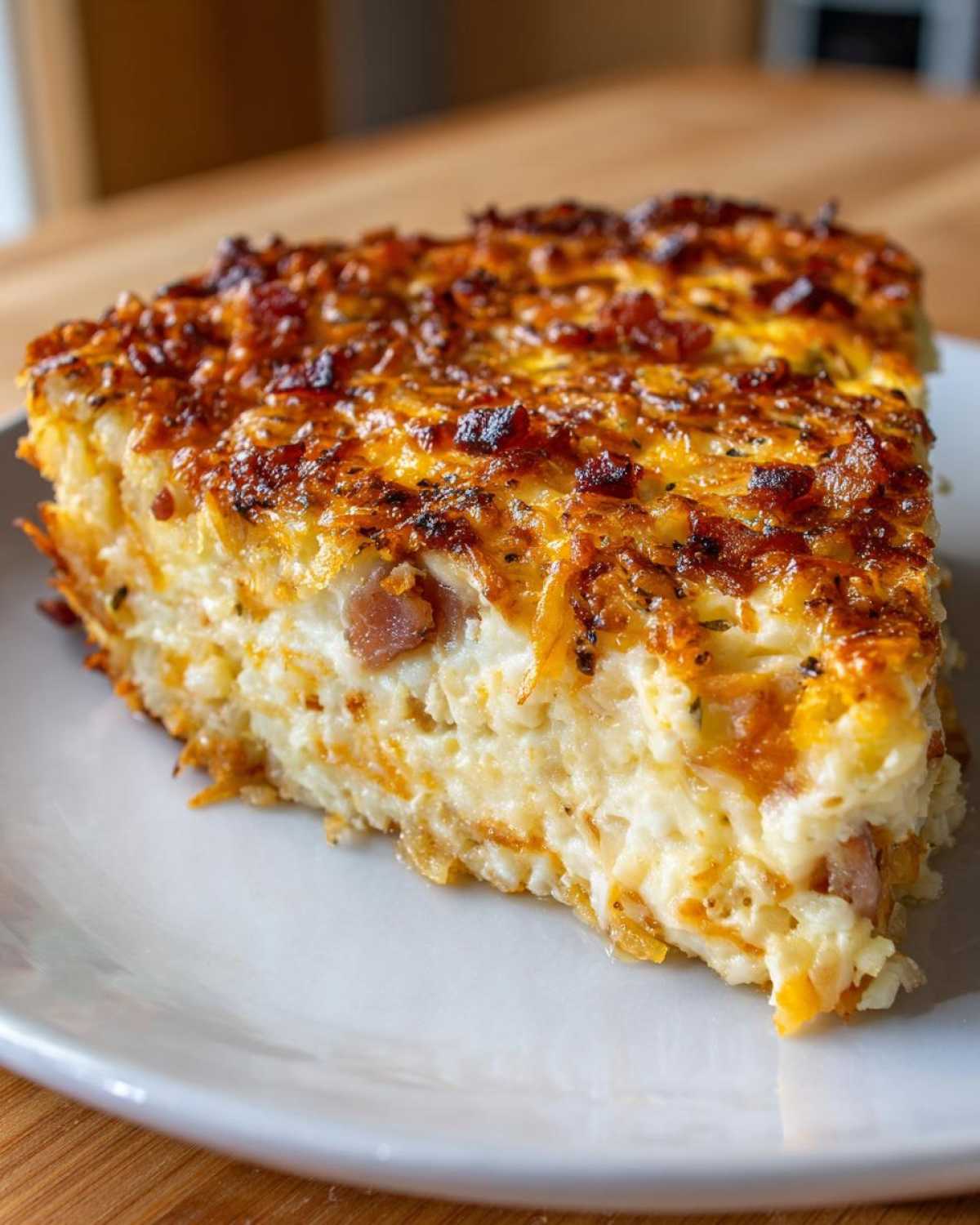 A close-up slice of Baked Hash Brown Quiche showing a creamy interior and a golden, crispy, cheesy topping.