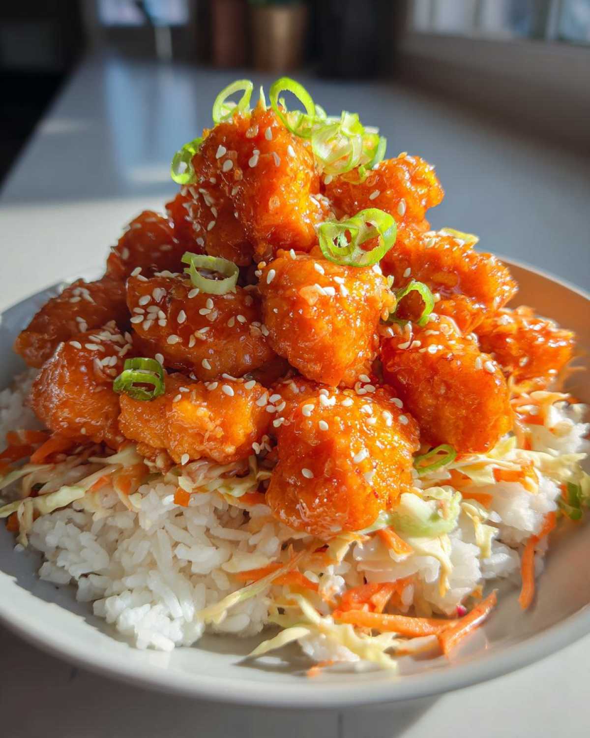 A close-up of a Bang Bang Salmon Bites Bowl featuring crispy, saucy salmon bites over rice and slaw, topped with sesame seeds.