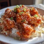 A close-up of a white bowl filled with white rice, coleslaw, and topped with glossy Bang Bang Salmon Bites, sprinkled with sesame seeds and green onions.