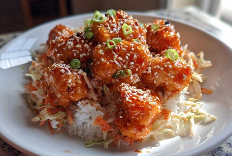 A close-up of a white bowl filled with white rice, coleslaw, and topped with glossy Bang Bang Salmon Bites, sprinkled with sesame seeds and green onions.