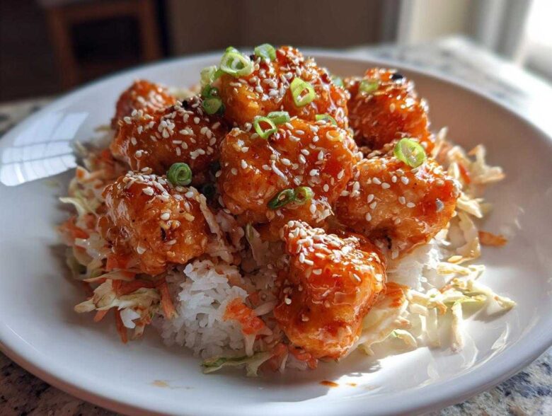 A close-up of a white bowl filled with white rice, coleslaw, and topped with glossy Bang Bang Salmon Bites, sprinkled with sesame seeds and green onions.