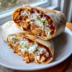 Two halves of a flavorful Bbq Chicken Wraps showing shredded chicken, coleslaw, and BBQ sauce inside a toasted tortilla.