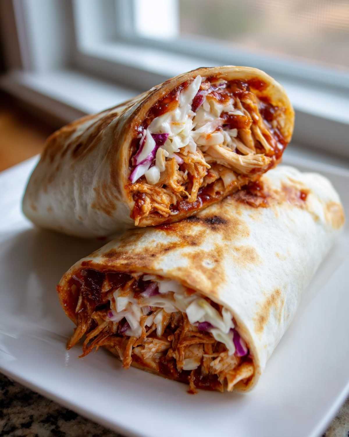 Two halves of a Bbq Chicken Wraps Flavorful Busy recipe, showing shredded chicken coated in BBQ sauce and coleslaw inside a toasted tortilla.