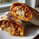 Two halves of a grilled Bbq Chicken Wraps Flavorful Busy recipe, showing shredded chicken coated in sauce and coleslaw.