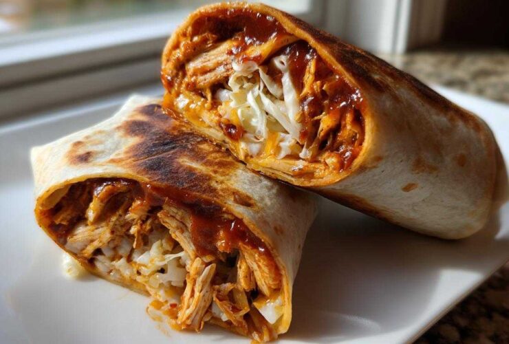 Two halves of a grilled Bbq Chicken Wraps Flavorful Busy recipe, showing shredded chicken coated in sauce and coleslaw.