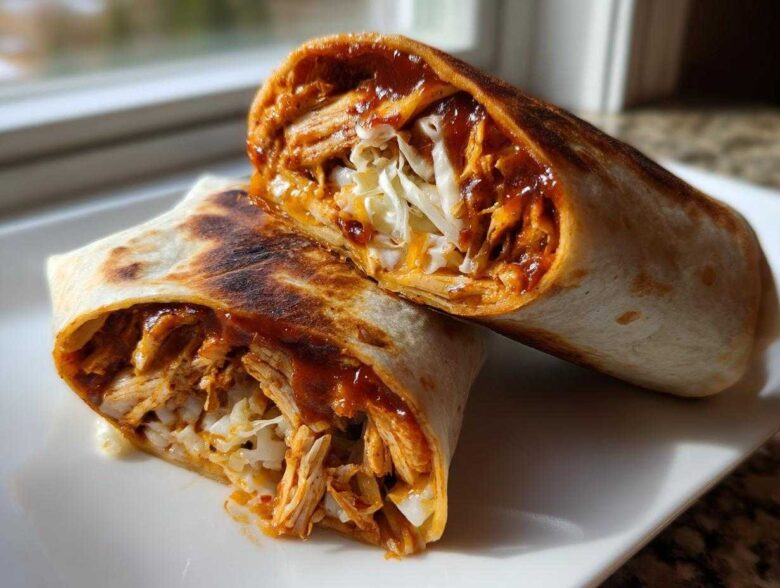 Two halves of a grilled Bbq Chicken Wraps Flavorful Busy recipe, showing shredded chicken coated in sauce and coleslaw.