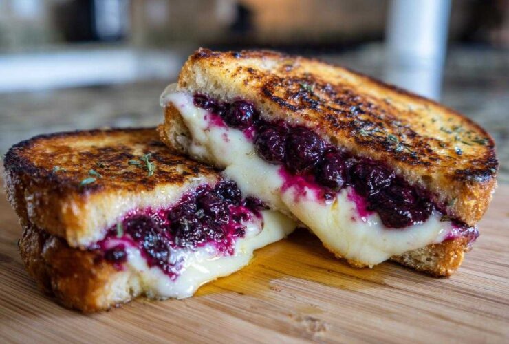 Close-up of a perfectly grilled Blueberry Grilled Cheese sandwich cut in half, showing melted cheese and rich blueberry filling.