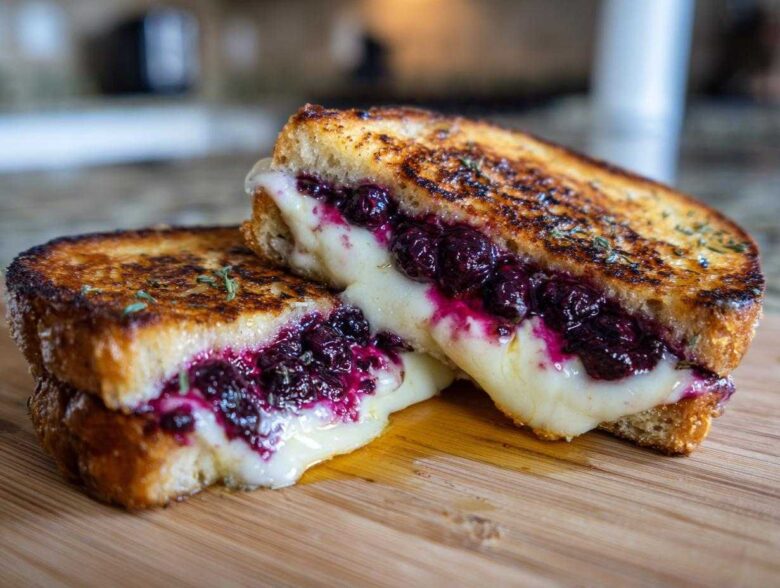 Close-up of a perfectly grilled Blueberry Grilled Cheese sandwich cut in half, showing melted cheese and rich blueberry filling.
