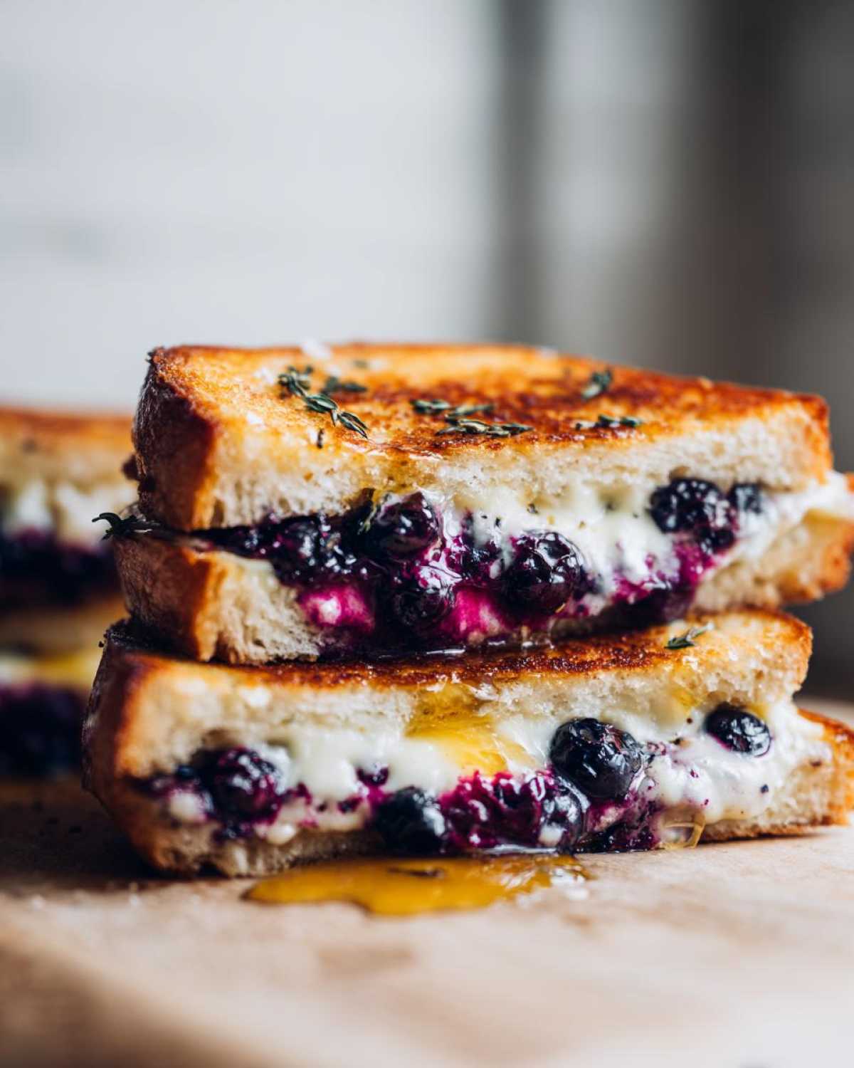Close-up of a Blueberry Grilled Cheese sandwich, showing melted white cheese and bursting blueberries inside toasted bread.