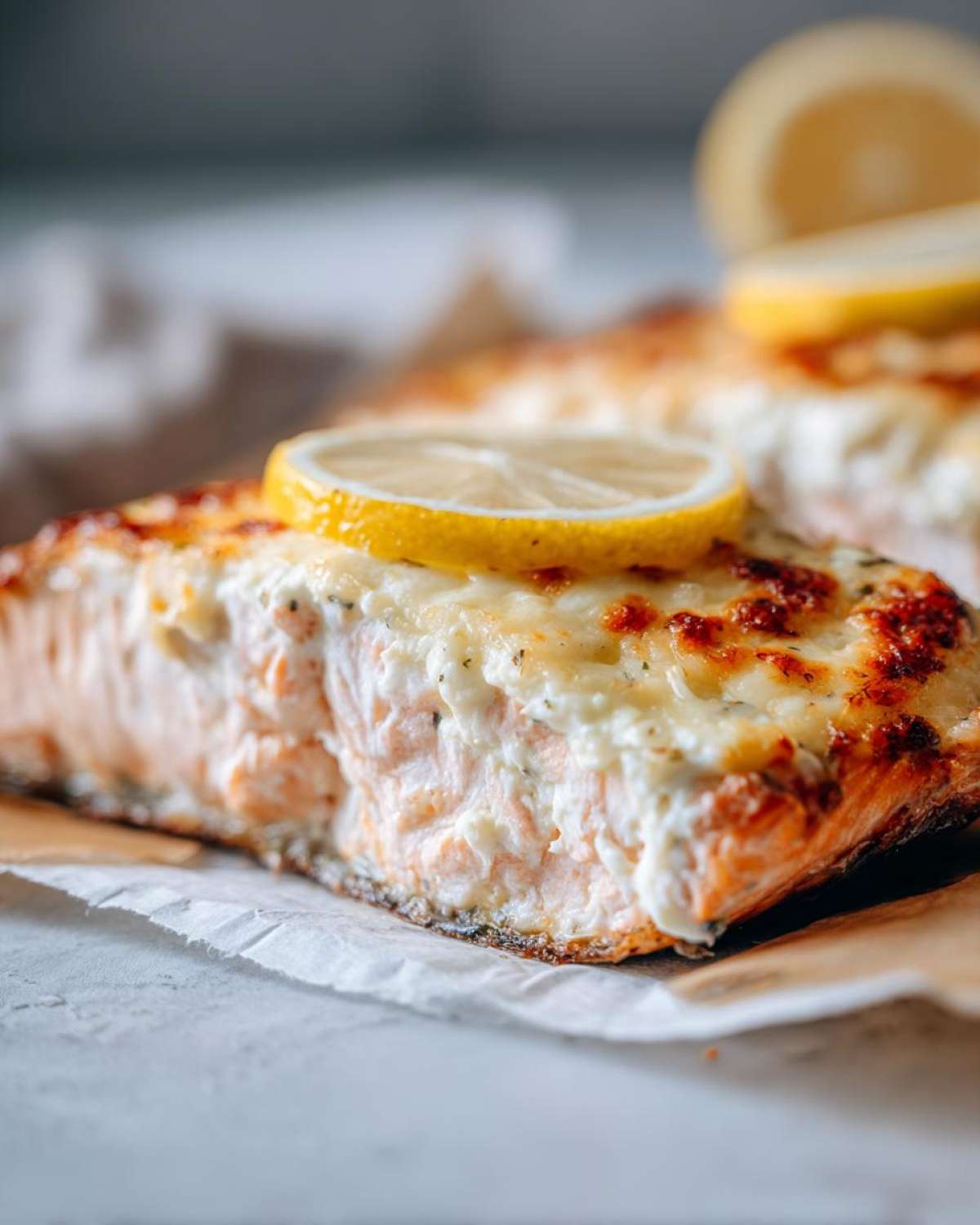 A close-up of a perfectly cooked fillet of Boursin Salmon topped with melted, slightly browned cheese and a slice of fresh lemon.