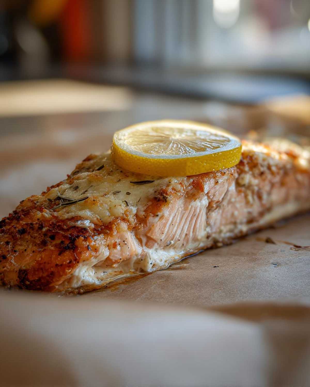 Close-up of a baked Boursin Salmon fillet topped with a slice of lemon and herbs.