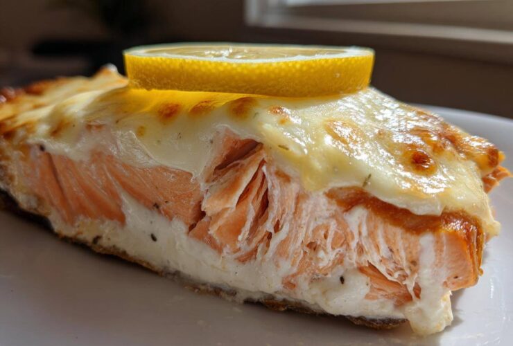 A thick slice of perfectly cooked Boursin Salmon topped with melted, slightly browned cheese and a lemon slice.