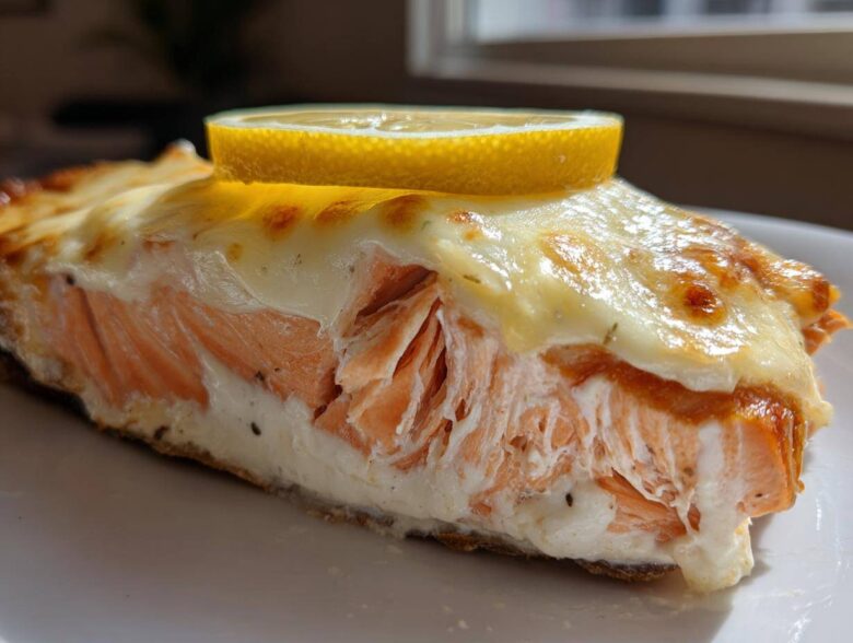 A thick slice of perfectly cooked Boursin Salmon topped with melted, slightly browned cheese and a lemon slice.