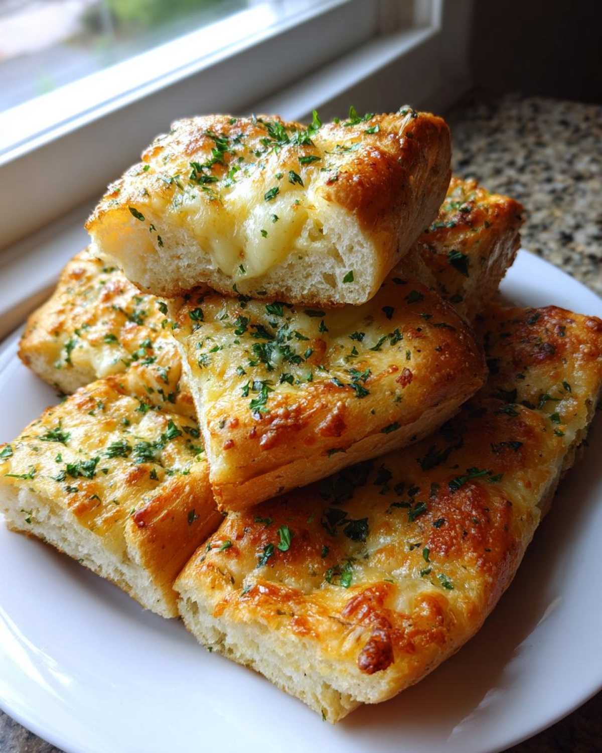 A stack of cheesy Keto Garlic Breadsticks, golden brown and topped with fresh parsley, with melted cheese oozing out.