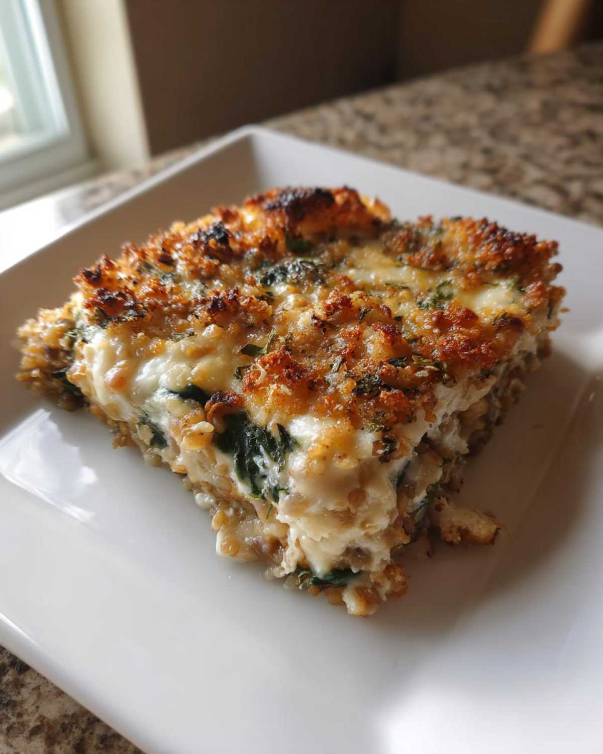A square serving of Cheesy Lentil Bake Comfort Food showing layers of lentils, spinach, and a golden, bubbly cheese topping.
