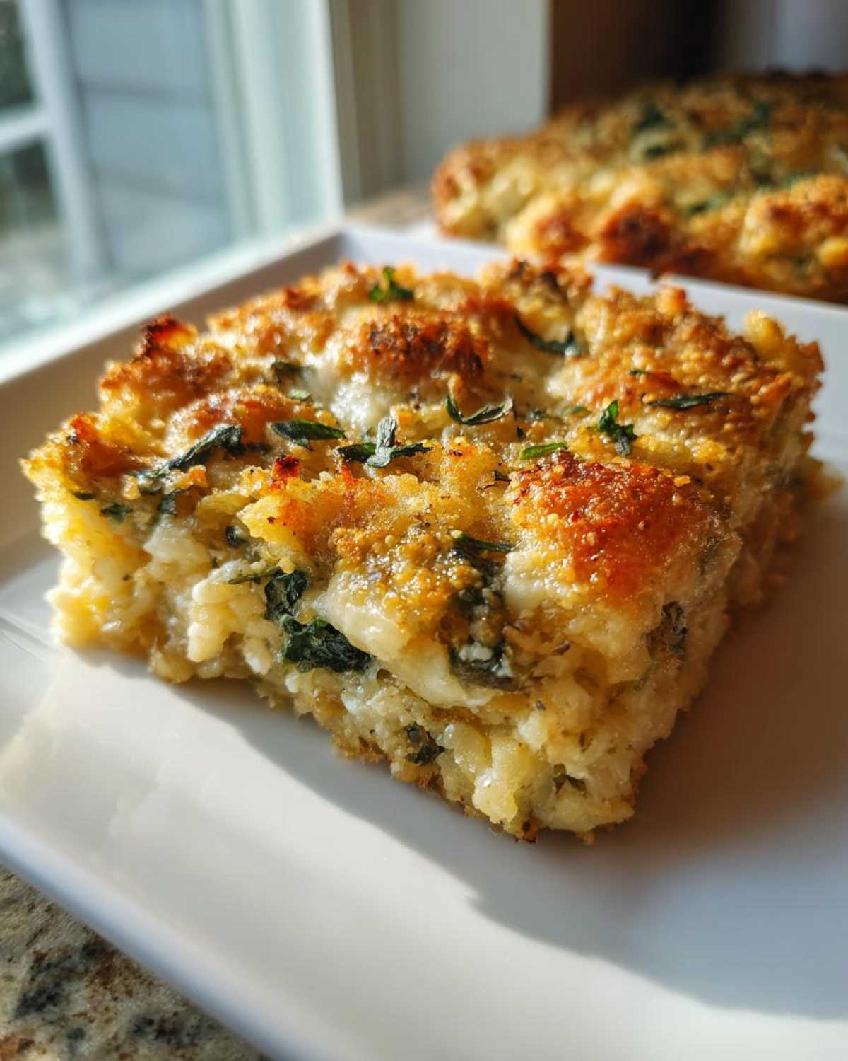 A close-up slice of Cheesy Lentil Bake Comfort Food featuring a golden, crispy topping and visible spinach.