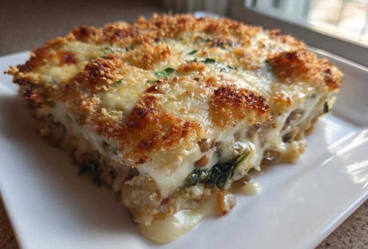 A generous slice of Cheesy Lentil Bake Comfort Food, showing melted cheese and a golden breadcrumb topping.