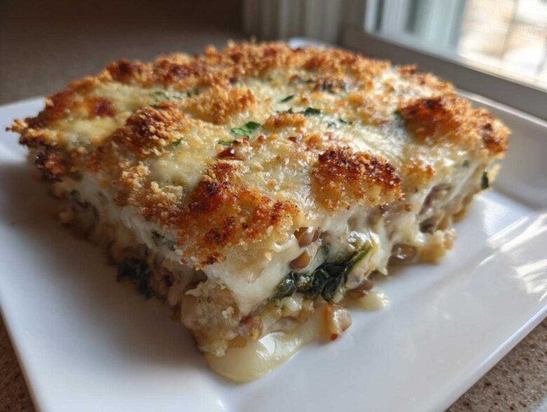 A generous slice of Cheesy Lentil Bake Comfort Food, showing melted cheese and a golden breadcrumb topping.