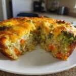 A slice removed from a round Cheesy Veggie Quinoa Casserole showing quinoa, broccoli, and carrots inside, topped with melted cheddar.