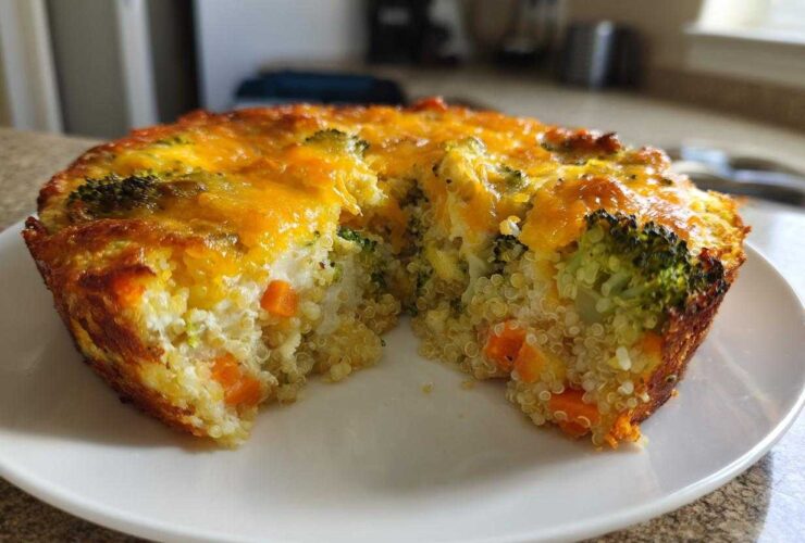 A slice removed from a round Cheesy Veggie Quinoa Casserole showing quinoa, broccoli, and carrots inside, topped with melted cheddar.
