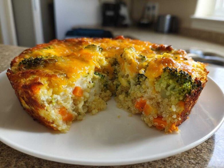A slice removed from a round Cheesy Veggie Quinoa Casserole showing quinoa, broccoli, and carrots inside, topped with melted cheddar.