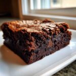 Close-up of an irresistibly chewy brownie with a signature crinkly top, likely made with brown butter.