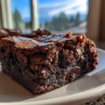 Close-up of an irresistibly chewy brown butter brownie with visible chocolate chips on a white plate.
