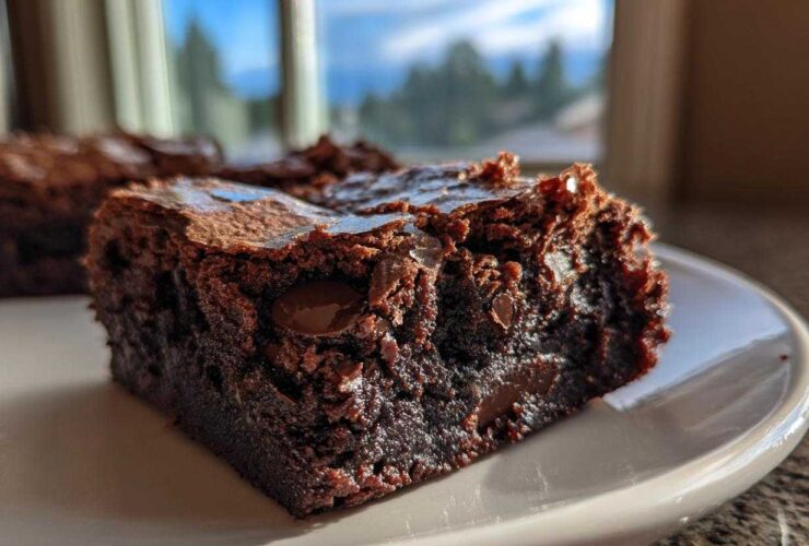 Close-up of an irresistibly chewy brown butter brownie with visible chocolate chips on a white plate.